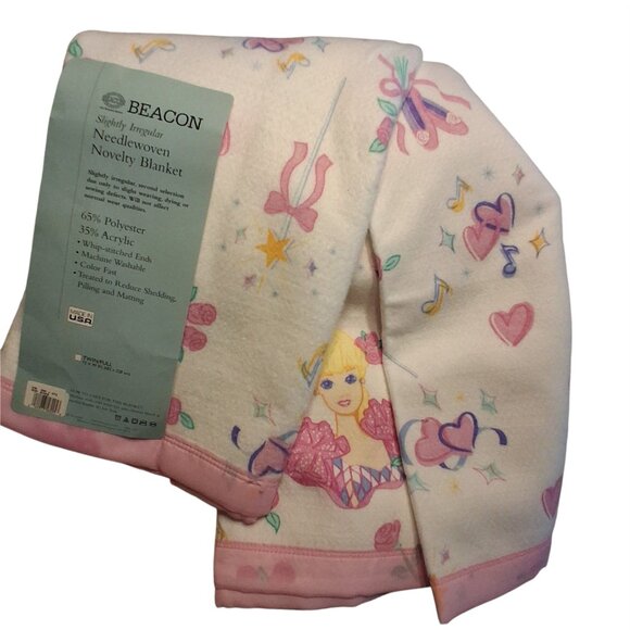 Beacon nwt vintage blanket Barbie Needlewoven twin full 70x90 USA nylon binding - Picture 3 of 3